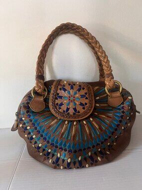 Y2K ISABELLA FIORE SERENA EMBROIDERED LEATHER HANDBAG BROWN